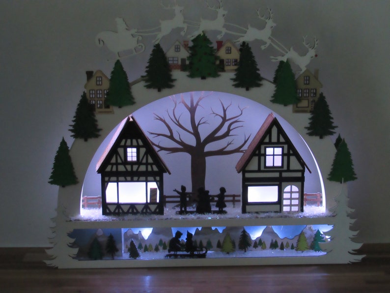 Christmas Village Shelf Sitter – Light-Up Wooden Holiday Town Scene | Schwibbogen-Inspired Decor | Unique Christmas Gift