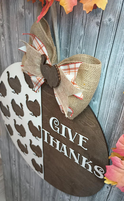 Give Thanks Thanksgiving Door Sign – 18" Round Wooden Turkey Wall Decor with Bow