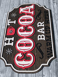 Large 19.5x11.5 wooden hot cocoa bar sign with warm winter decor style.