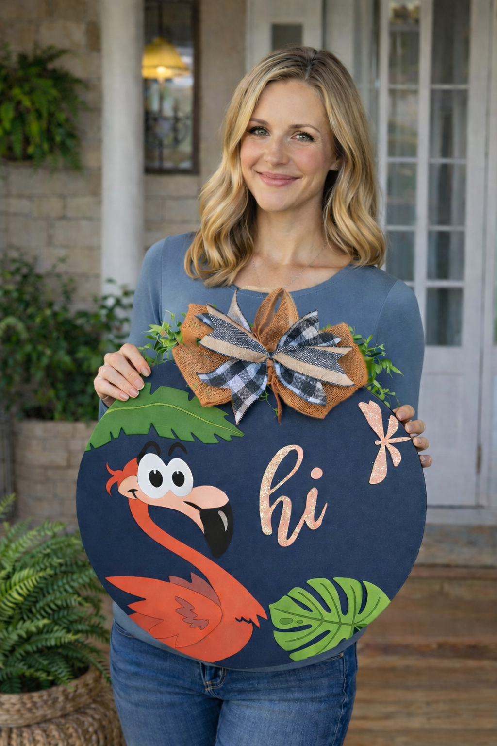 tropical flamingo wooden door hanger with layered design
