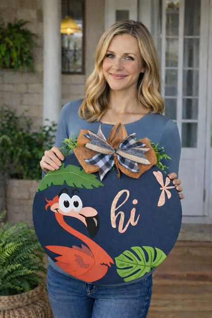 tropical flamingo wooden door hanger with layered design
