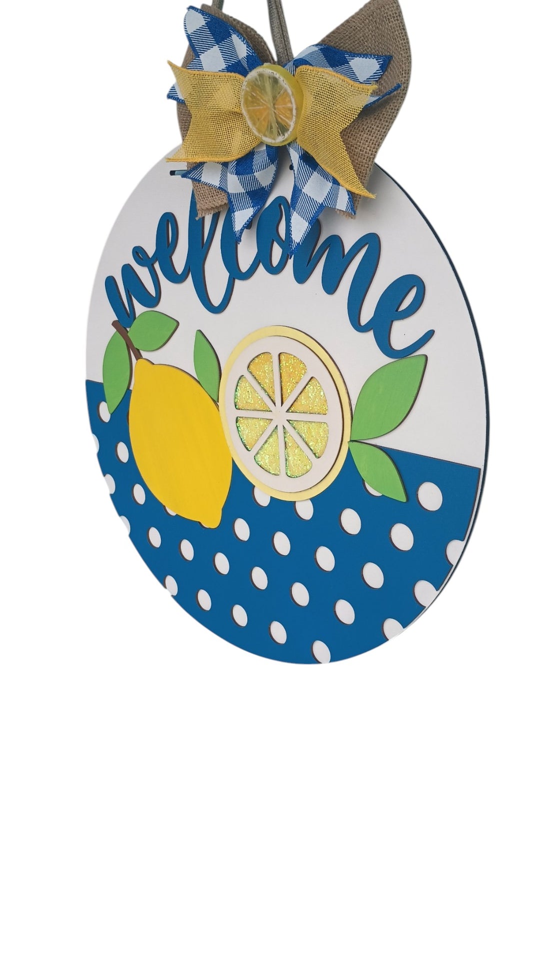 Bright lemon and citrus slice door hanger for kitchens, featuring handcrafted layered design and bold blue accents.