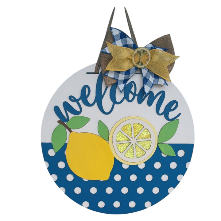 18-inch lemon decor themed welcome sign with bright yellow lemon and 3D leaf accents for kitchen or porch.