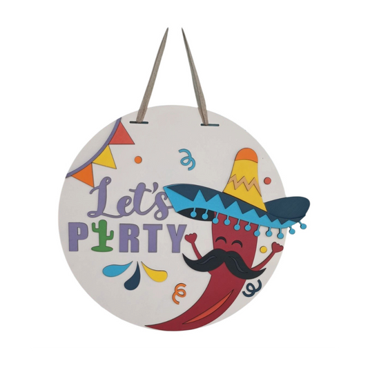 Fiesta party welcome sign with chili pepper and sombrero
