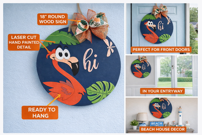 Decorative flamingo door hanger with 'hi' text, laser cut details, and ready to hang feature.