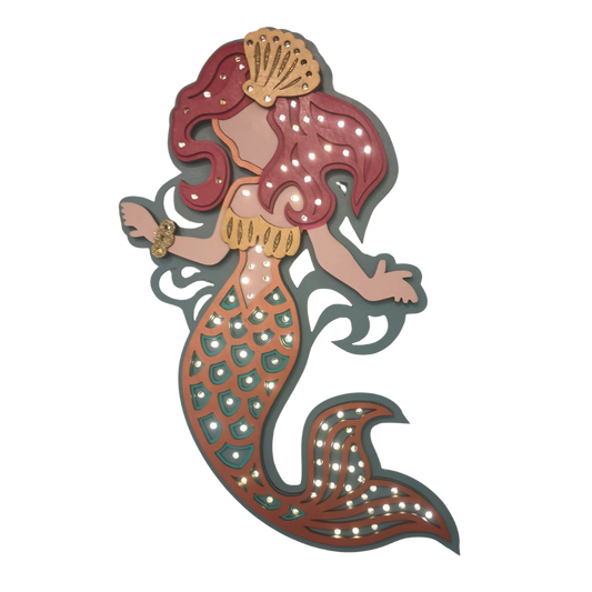 Hand-painted mermaid wall decor with fairy lights
