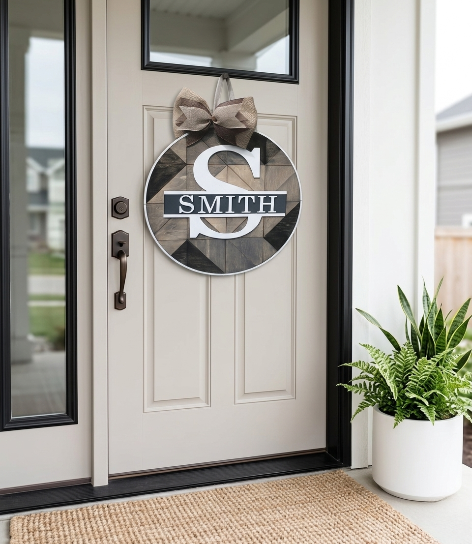 Front door with a decorative sign featuring a name  and a bow, with a plant to the right.