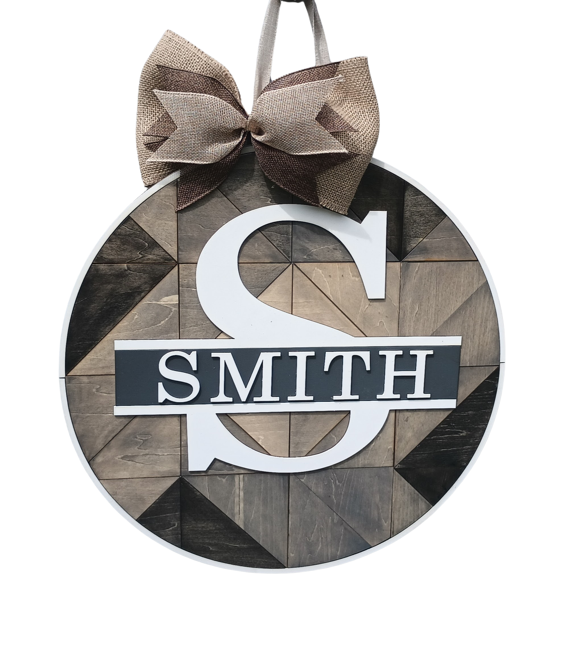 Personalized monogram door decor sign with last name and geometric wood background