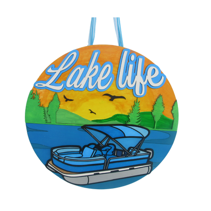 lake house door hanger with pontoon boat design, mountain background with water and birds.