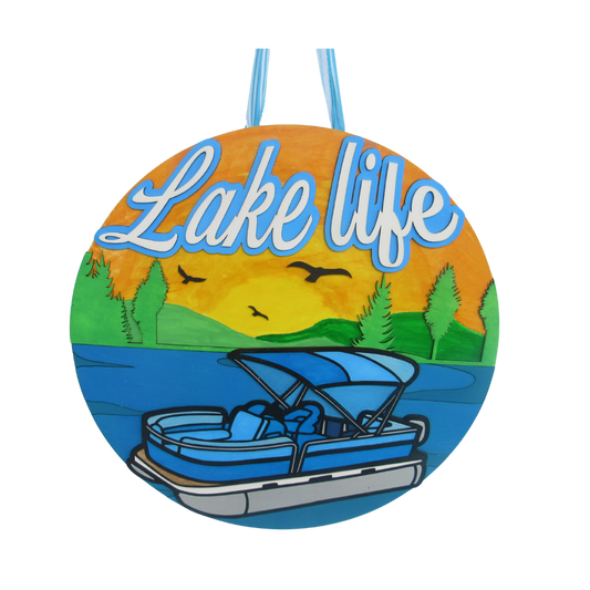 lake house door hanger with pontoon boat design, mountain background with water and birds.