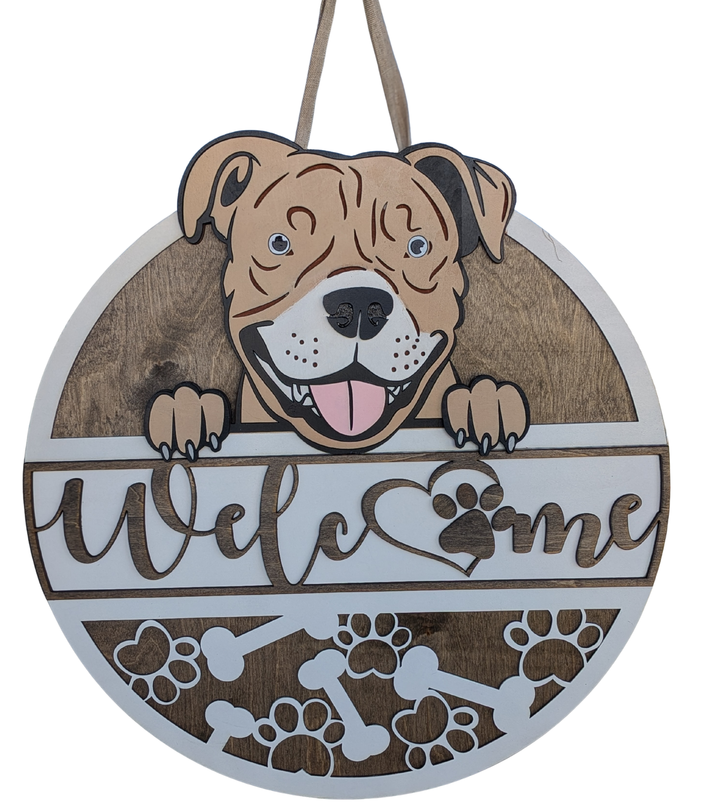Pit bull door decor wooden welcome sign on front door
