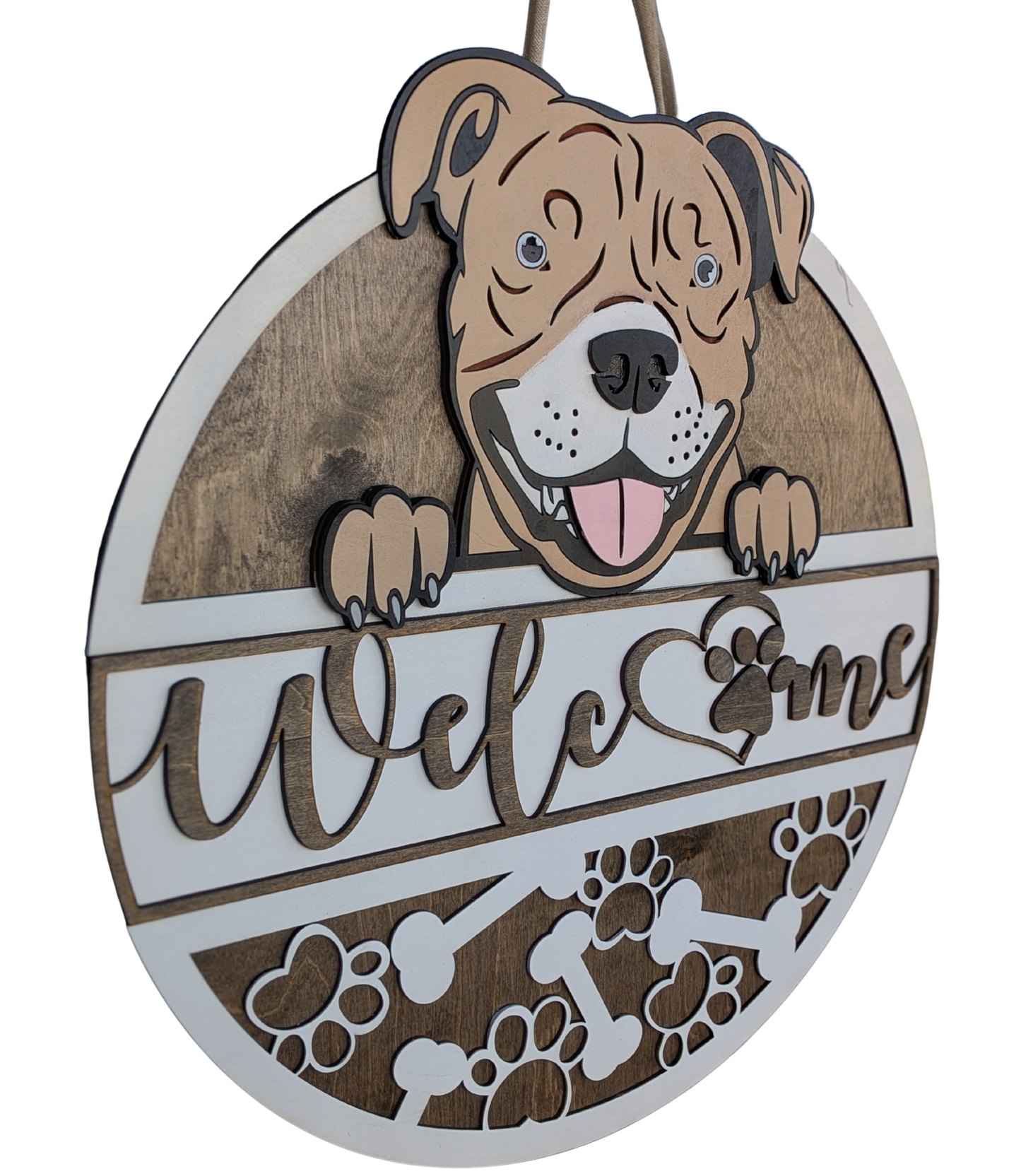 Pit bull front door decor sign neutral modern entryway
