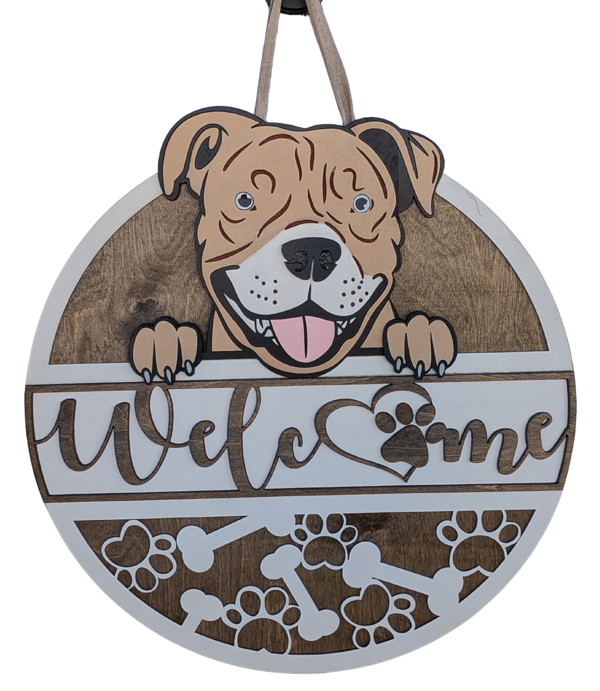 Dog lover gift pit bull wooden welcome sign

