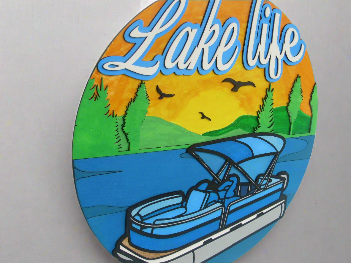 Pontoon life sign featuring a rustic lake theme, ideal for front door or boating enthusiasts.