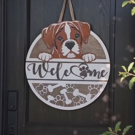 Boxer dog door sign with woman opening door