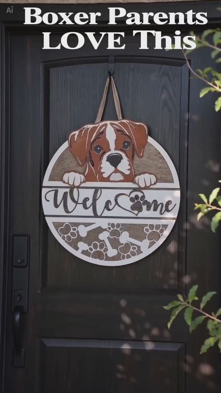 Boxer dog door sign with woman opening door