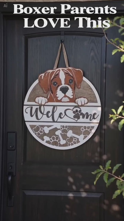 Boxer dog door sign with woman opening door