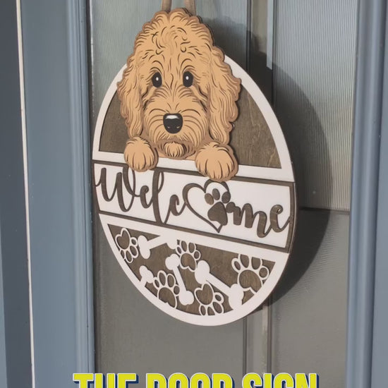Goldendoodle door hanger video preview showing layered wooden welcome sign