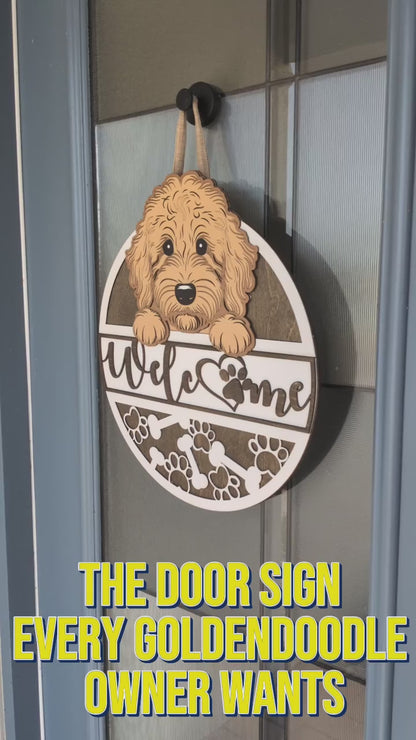 Goldendoodle door hanger video preview showing layered wooden welcome sign