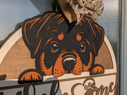 Layered wood Rottweiler welcome sign showing depth and dimension
