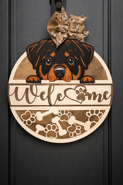 Rottweiler porch sign hanging on an outdoor covered entryway