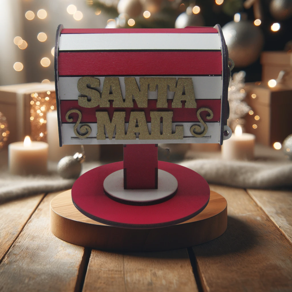 Handcrafted Santa mailbox for letters, 8.5x7 inches, featuring festive red and white design with gold lettering, perfect holiday decor centerpiece.