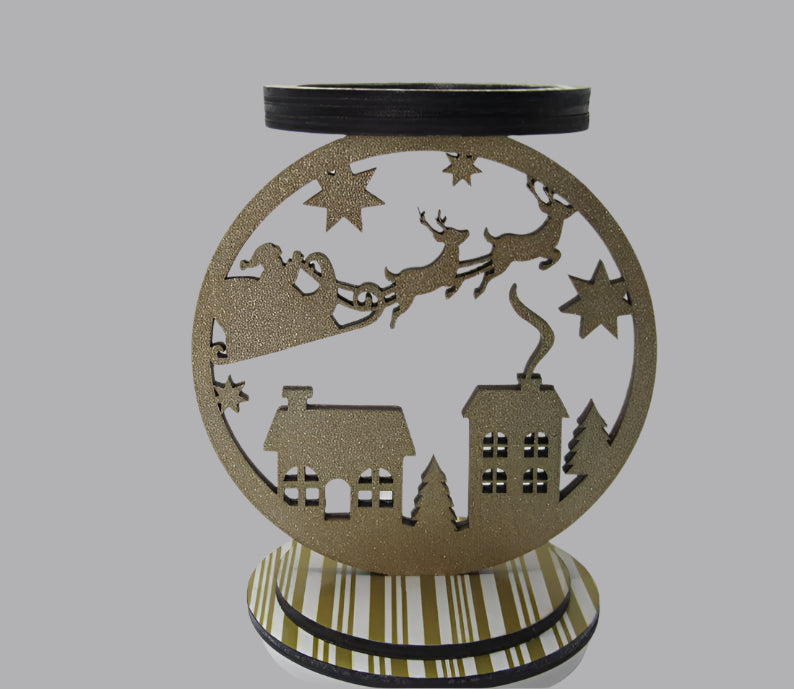Santa village 3-wick candle holder with intricate cutout design, glitter accents, and durable craftsmanship for Christmas decorations.