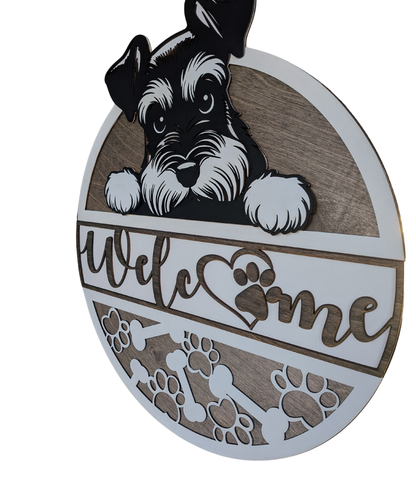 schnauzer dog lover gift front door sign neutral wood design
