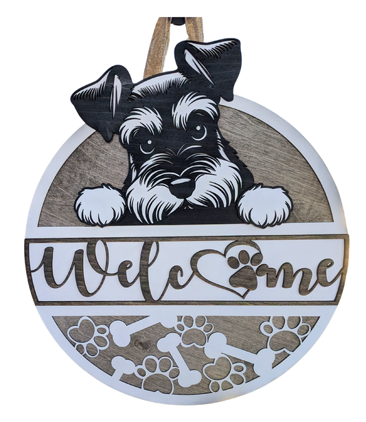 Schnauzer welcome door decor sign with paw prints and bone accents
