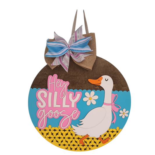 Funny Silly Goose door hanger with blue and yellow background
