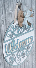 18-inch snowflake door hanger with frosty blue details, rustic burlap bow, and hand-painted accents for winter home entryway decor