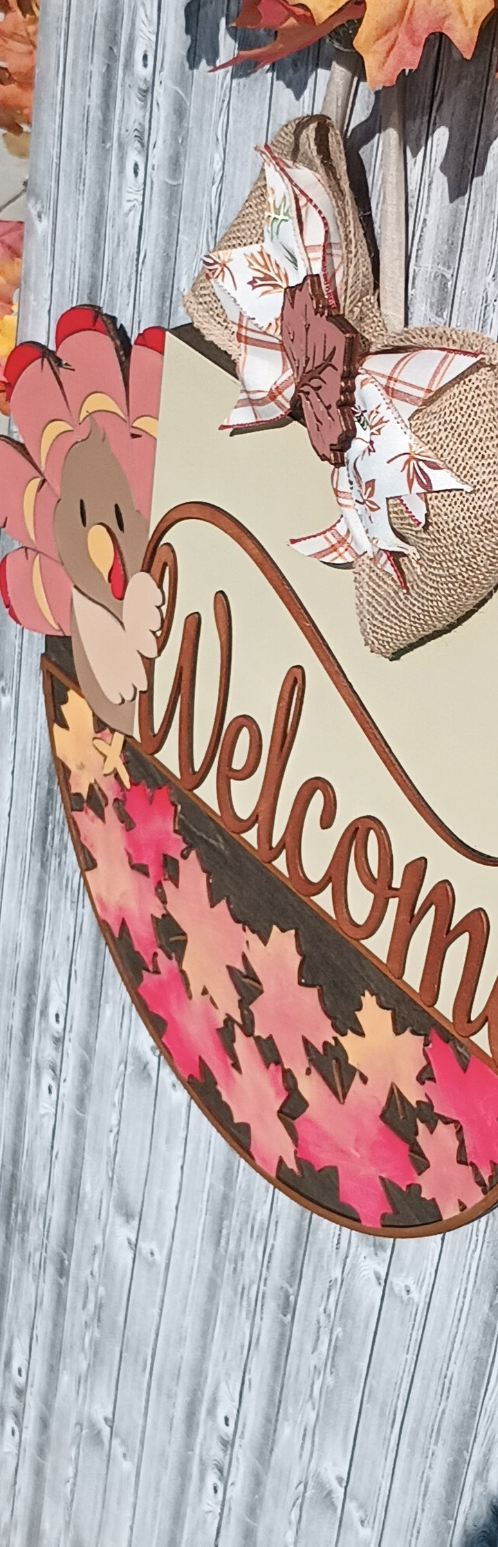 Thanksgiving welcome door hanger with hand painted turkey and leaf bow accent