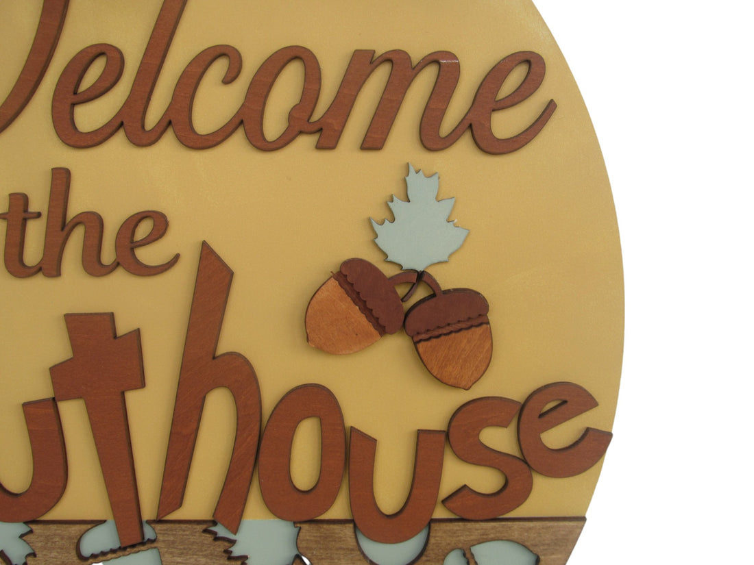 Large 3D door sign with squirrel illustration and acorn background, a fun accent for home entrances or porch decor.
