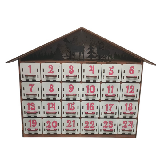  Handcrafted wooden advent calendar shaped like a house with 24 numbered drawers and laser-cut deer and tree design on the roof.