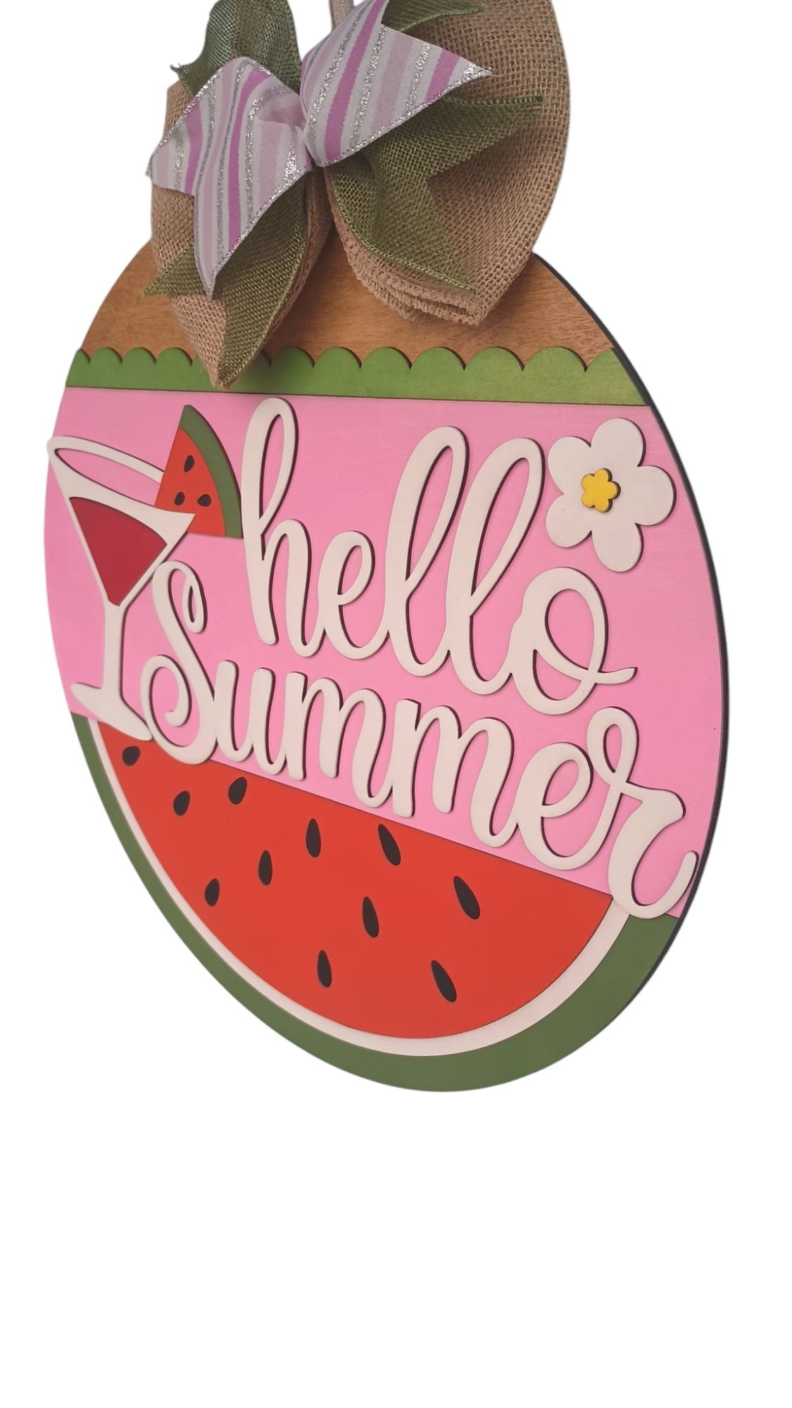 Wooden hello summer sign with layered bow and hanger
