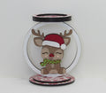 Festive handmade reindeer candle stand with Santa hat design 8 inches wide for centerpiece use